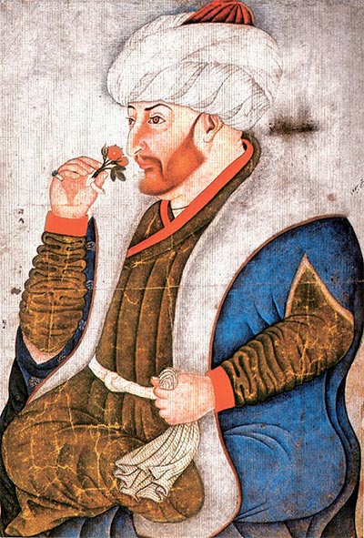 정복자 술탄 메흐메드 2세의 초상화. 이슬람 학자풍 의상·터번을 애용했다. [사진 21세기북스]